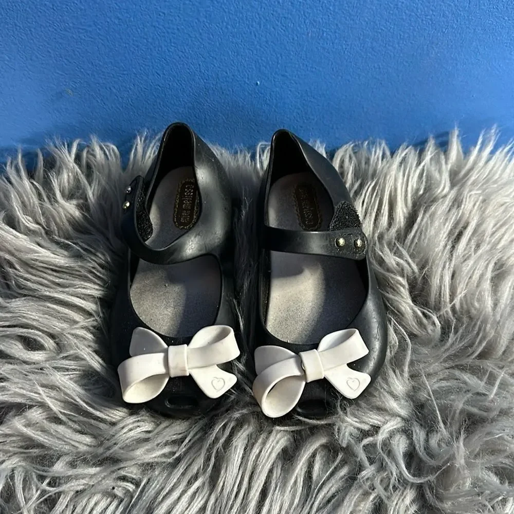 Mini Melissa Kids Girls Black Ultrafi Bow Ll Mary Jane Shoes Peep Toe Size 7